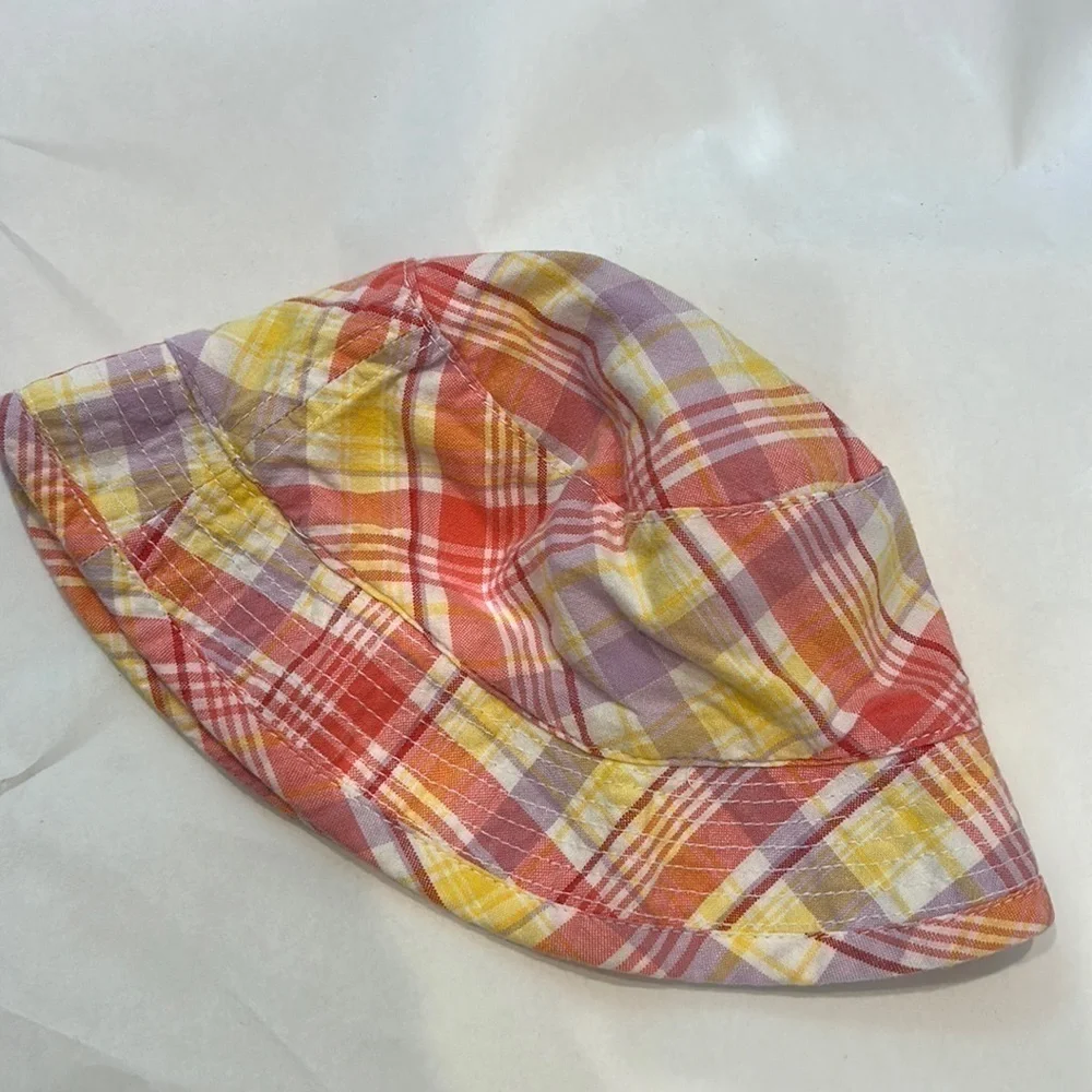 Old Navy plaid bucket hat size 12-24 months sun hat pink coral yellow purple